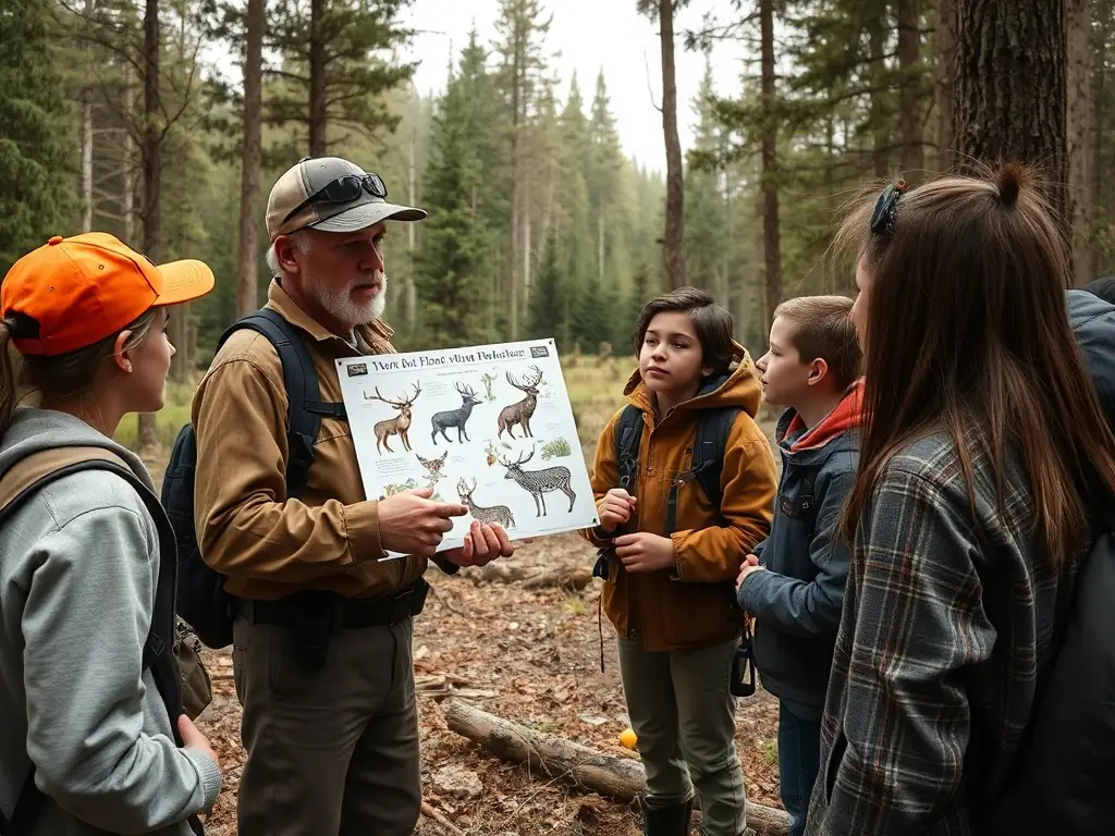 A photograph of a hunter educating young people about responsible hunting practices and wildlife conservation.