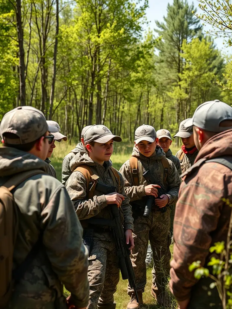 A photograph capturing a group of young hunters participating in a training session organized by ASSOCIATION COMMUNALE DE CHASSE AGREEE DE CHAZELLES, emphasizing ethical hunting practices and wildlife conservation.