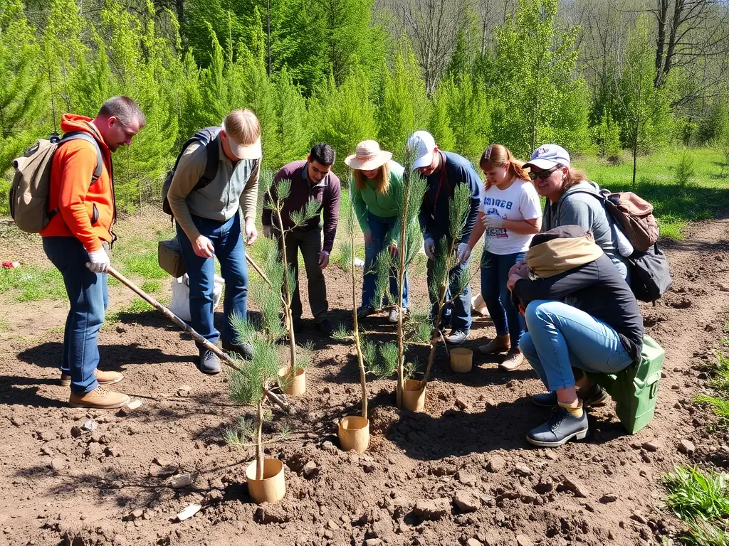 A photograph depicting volunteers planting native trees in a deforested area, illustrating habitat restoration efforts.