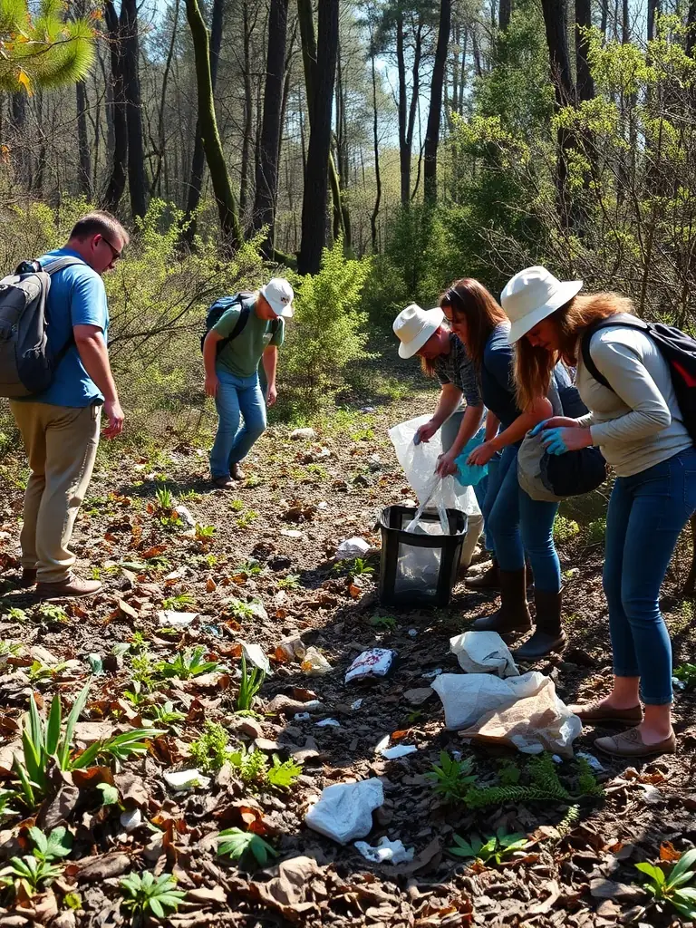 A photograph illustrating members of ASSOCIATION COMMUNALE DE CHASSE AGREEE DE CHAZELLES cleaning up a local forest area, removing litter and debris to maintain a healthy ecosystem.