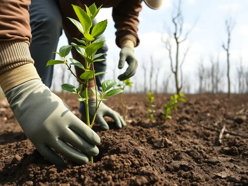 A photograph depicting volunteers planting trees in a deforested area, illustrating the habitat restoration efforts of ASSOCIATION COMMUNALE DE CHASSE AGREEE DE CHAZELLES.