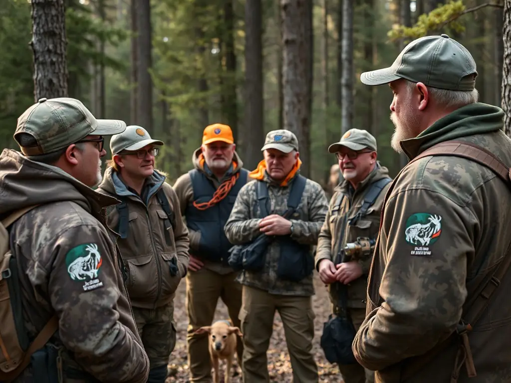 A photograph showing a group of hunters participating in a training session on ethical hunting practices, organized by ASSOCIATION COMMUNALE DE CHASSE AGREEE DE CHAZELLES.