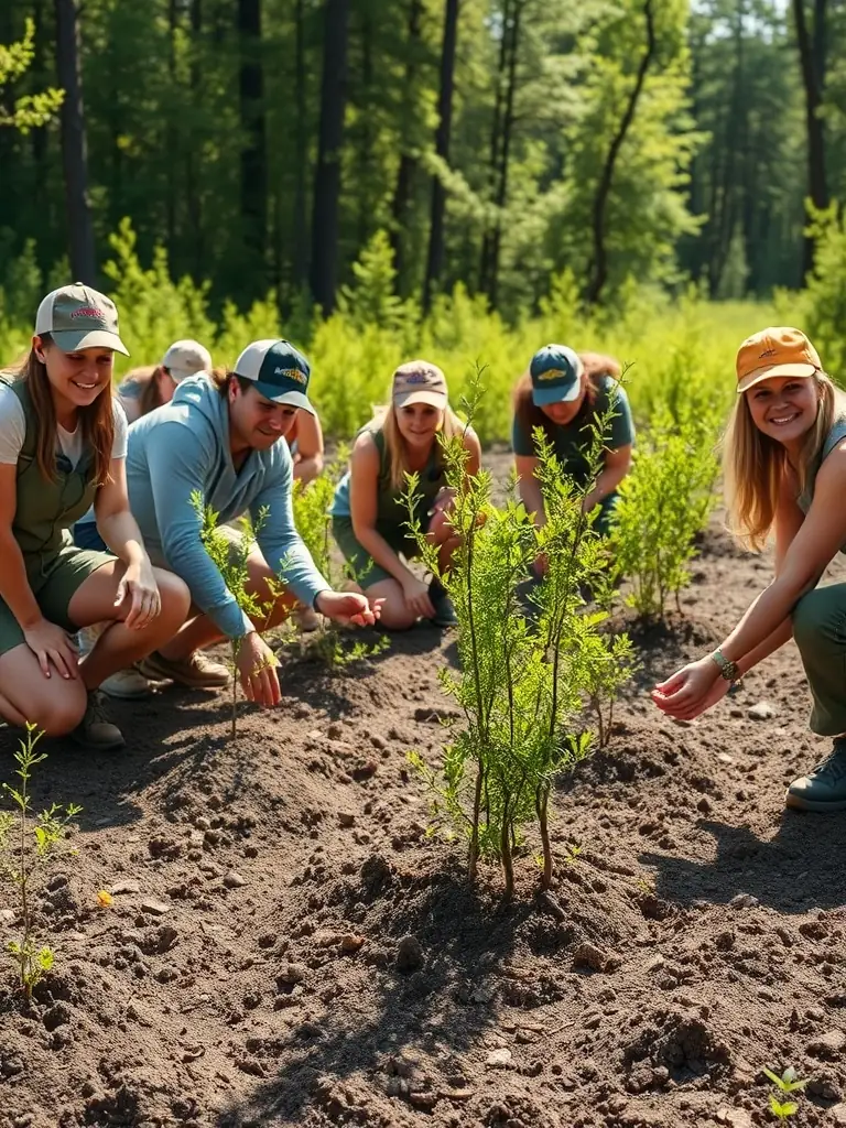 A photograph showing volunteers from ASSOCIATION COMMUNALE DE CHASSE AGREEE DE CHAZELLES conducting a habitat restoration project, planting native trees and shrubs to improve wildlife habitats.