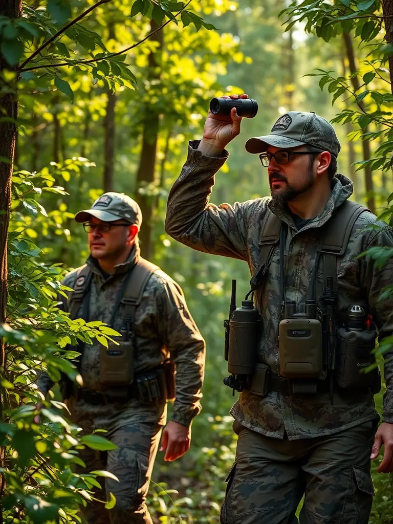 A group of hunters participating in a wildlife census, carefully observing and recording data in a natural habitat. The scene emphasizes responsible data collection and wildlife monitoring.