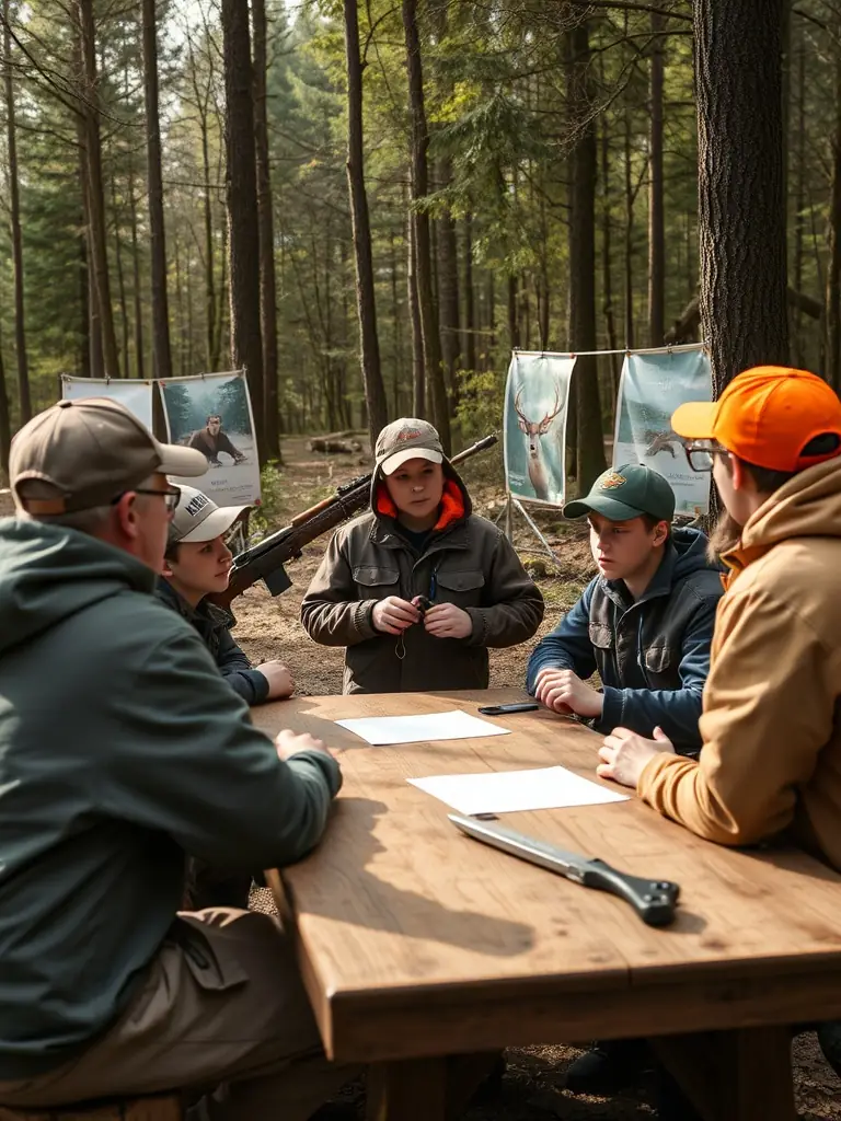 A workshop where experienced hunters are teaching younger members about ethical hunting techniques and wildlife conservation. The setting is outdoors, emphasizing practical learning.