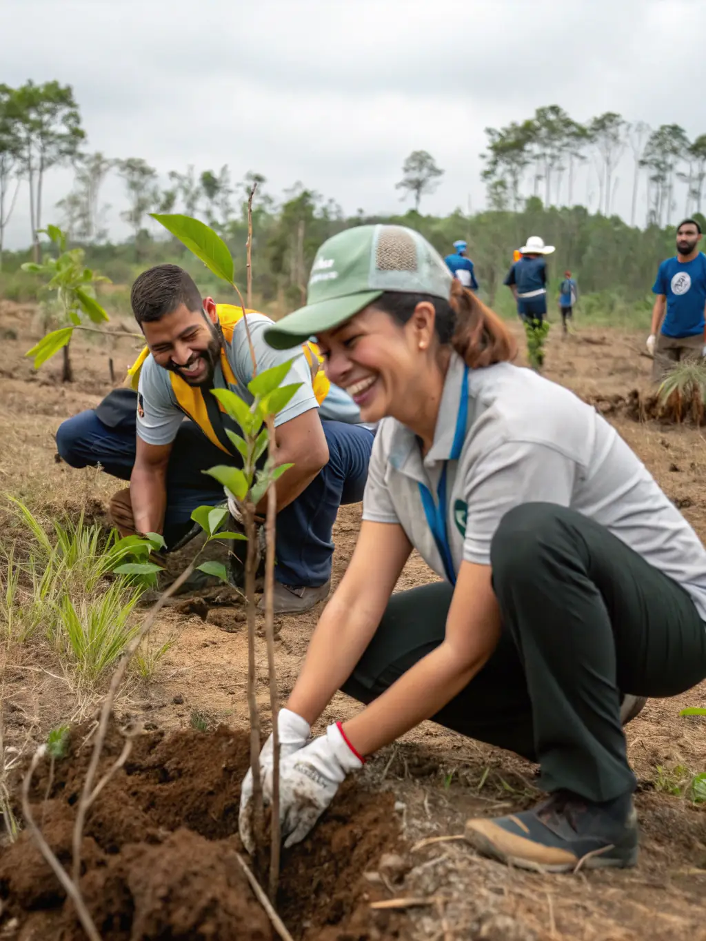 Volunteers planting native trees and shrubs in a deforested area, contributing to habitat restoration and biodiversity enhancement. The image showcases community involvement in ecological projects.