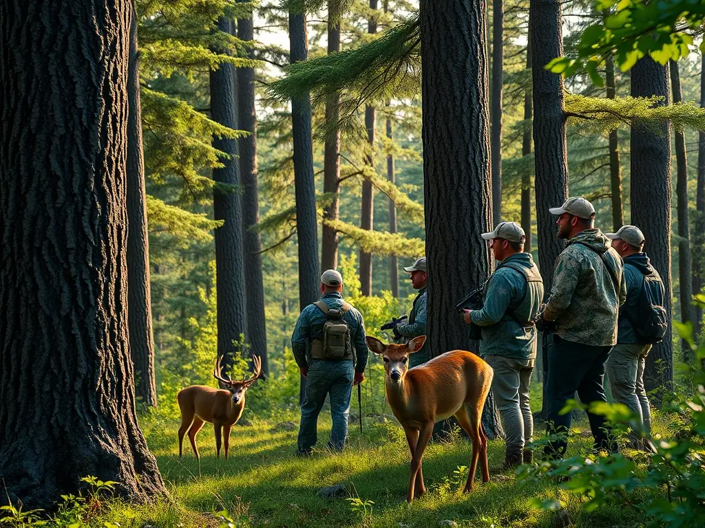 A photograph showing a group of hunters participating in a wildlife census, collecting data on local animal populations.