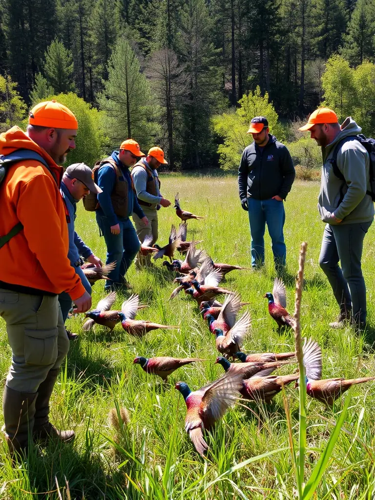 A photograph depicting members of ASSOCIATION COMMUNALE DE CHASSE AGREEE DE CHAZELLES participating in a pheasant release program in the Chazelles region, showcasing their commitment to wildlife population management.